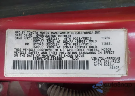 2001 Toyota Tacoma Base V6 from USA, damaged, VIN 5TEHN72N11Z868967